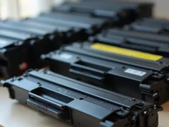 Kỹ thuật viên đang bơm toner vào cartridge máy in laser tại văn phòng, có dụng cụ và vật tư hiện diện trong cảnh.