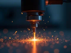Kỹ thuật viên bơm mực máy in laser trong văn phòng, có phễu và chai mực bên cạnh.