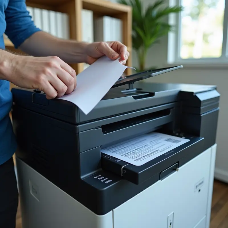 Kỹ thuật viên thực hiện bơm mực cho máy in laser tại một văn phòng hiện đại.