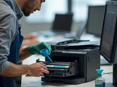 A technician refilling a monochrome printer cartridge with toner in an office setting, including tools and supplies visible in the scene.