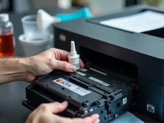 Kỹ thuật viên đang cẩn thận nạp mực cho hộp mực máy in laser trong môi trường văn phòng, với dụng cụ hỗ trợ và khăn sạch.