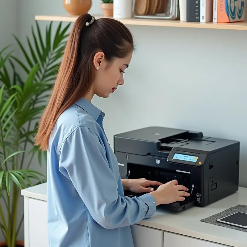 Kỹ thuật viên thực hiện bơm mực cho máy in laser tại một văn phòng hiện đại.