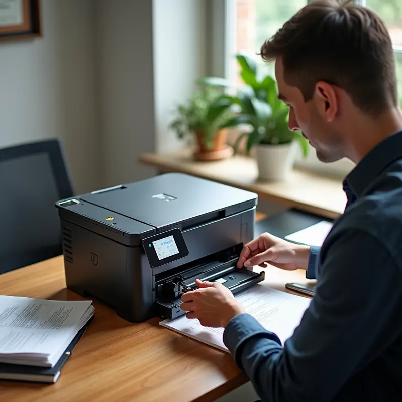 Kỹ thuật viên đang bơm mực vào hộp mực máy in trong môi trường văn phòng nhỏ tại Phường Phú Lâm.