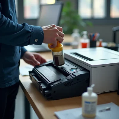 Kỹ thuật viên giàu kinh nghiệm đang bơm mực vào hộp mực máy in laser tại nơi làm việc văn phòng gọn gàng, với các dụng cụ như phễu, chai mực và khăn sạch.