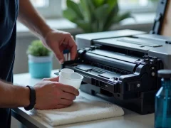 Kỹ thuật viên bơm mực vào hộp mực máy in laser trong văn phòng với các dụng cụ hiện rõ.
