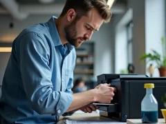 Kỹ thuật viên đang bơm mực vào ống mực máy in trong môi trường văn phòng, với các dụng cụ hỗ trợ hiện diện xung quanh.