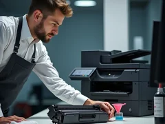 Nhân viên kỹ thuật bơm mực cho hộp mực laser tại văn phòng với các dụng cụ như phễu và chai mực được bày ra rõ ràng.