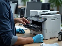 Kỹ thuật viên bơm mực cho hộp mực máy in laser trong văn phòng, với dụng cụ bơm mực rõ ràng.