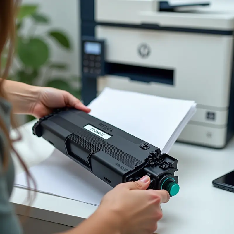 Hình ảnh cho thấy một kỹ thuật viên đang bơm mực cho máy in laser tại văn phòng.