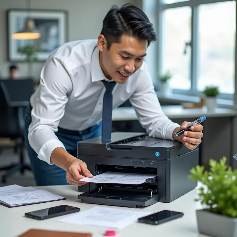 Kỹ thuật viên đang bơm mực vào cartridge máy in tại văn phòng.