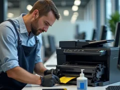 Kỹ thuật viên đang cẩn thận nạp mực vào hộp mực laser trong một môi trường văn phòng hiện đại, với các công cụ như phễu và chai mực nhìn thấy rõ.