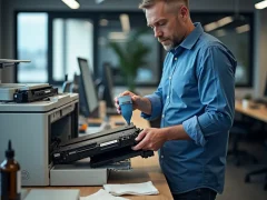 Kỹ thuật viên bơm mực vào cartridge máy in laser tại văn phòng, với các dụng cụ thấy rõ trong cảnh.