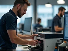 An experienced technician refilling a monochrome printer cartridge with toner in an office setting, including tools and supplies visible in the scene.