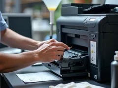 An experienced technician refilling a printer cartridge with toner in a clean office setting.