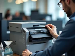 Kỹ thuật viên cẩn thận nạp mực cho hộp mực máy in laser trong môi trường văn phòng, với các dụng cụ như phễu và chai mực.