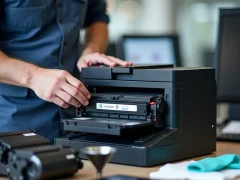 Technician refilling a monochrome printer cartridge with toner in an office with tools and supplies visible.