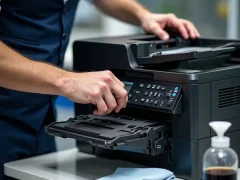 A technician refills a monochrome printer cartridge with toner at an office setting, including tools and supplies visible in the scene.