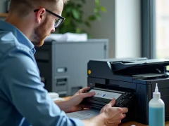 A technician refilling toner cartridge in an office, with tools and supplies on the desk, emphasizing precision and maintenance.