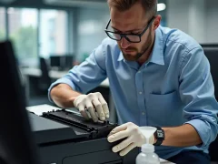 Technician refilling a monochrome printer cartridge with toner in an office setting, including tools and supplies visible in the scene.