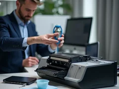 Kỹ thuật viên nạp mực vào hộp mực máy in trong môi trường văn phòng, với đầy đủ dụng cụ và sự chuyên nghiệp.