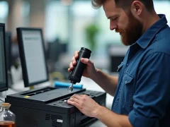Technician refilling a laser printer cartridge with toner at an organized office workstation.
