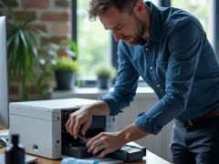 A technician refilling a monochrome printer cartridge with toner in an office setting, with tools and supplies visible.