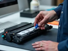 A technician refilling a monochrome printer cartridge with toner in an office setting, with tools visible.