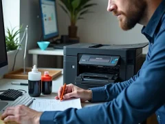Technician refilling a monochrome printer cartridge with toner in an office, including tools and supplies visible.