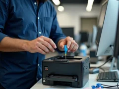 Kỹ thuật viên bơm mực vào hộp mực máy in laser trong môi trường văn phòng, cùng các dụng cụ hỗ trợ.