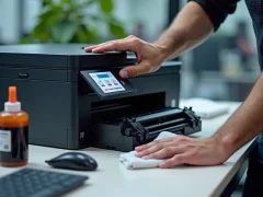 A technician skillfully refilling a printer cartridge with toner, highlighting maintenance in an office setting.