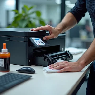 A technician skillfully refilling a printer cartridge with toner, highlighting maintenance in an office setting.