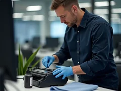 A technician refilling toner into a laser printer cartridge in a clean and organized office environment, showcasing attention to detail and proper maintenance.