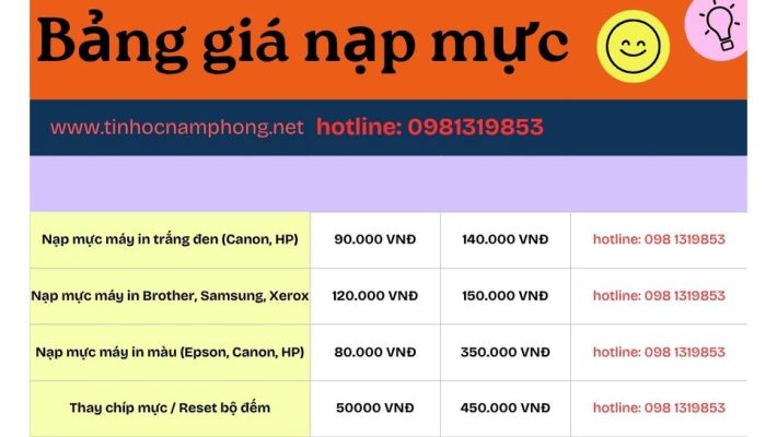 bảng giá dịch vụ bơm mực máy in tận nơi tại Tân Hòa