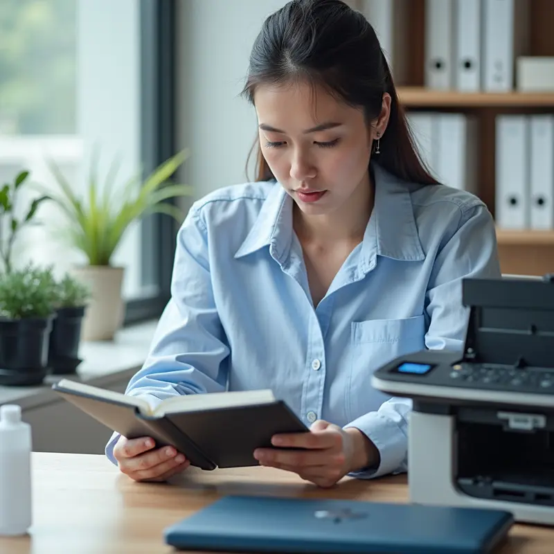 Nhân viên kỹ thuật đang bơm mực cho máy in tại nhà.