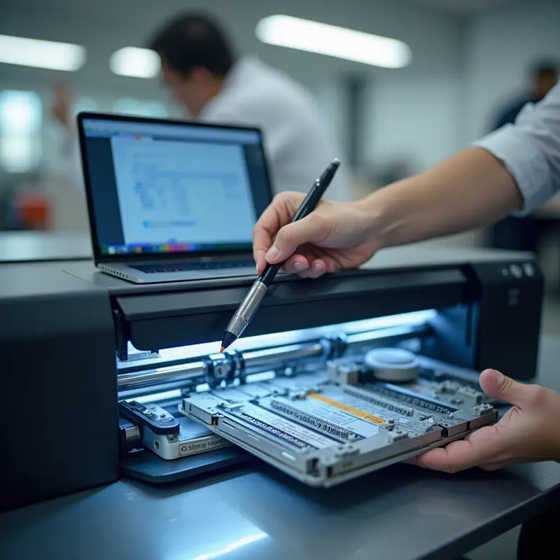 Kỹ thuật viên cẩn thận bơm mực vào máy in laser tại văn phòng.