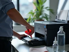 Kỹ thuật viên đang nạp mực máy in trong môi trường văn phòng với dụng cụ và vật tư cần thiết.