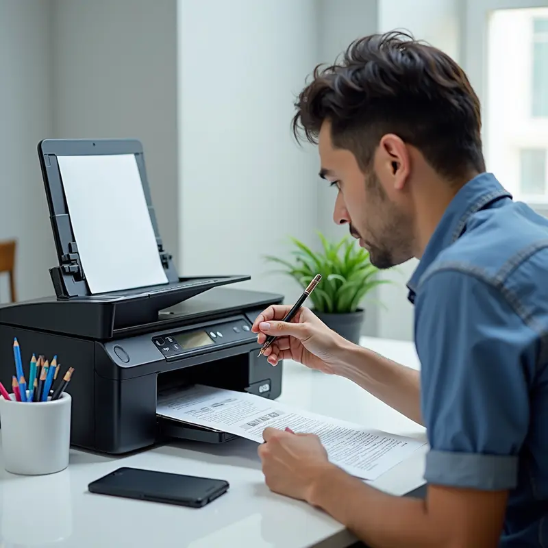 Kỹ thuật viên chuẩn bị bơm mực tại một văn phòng hiện đại.