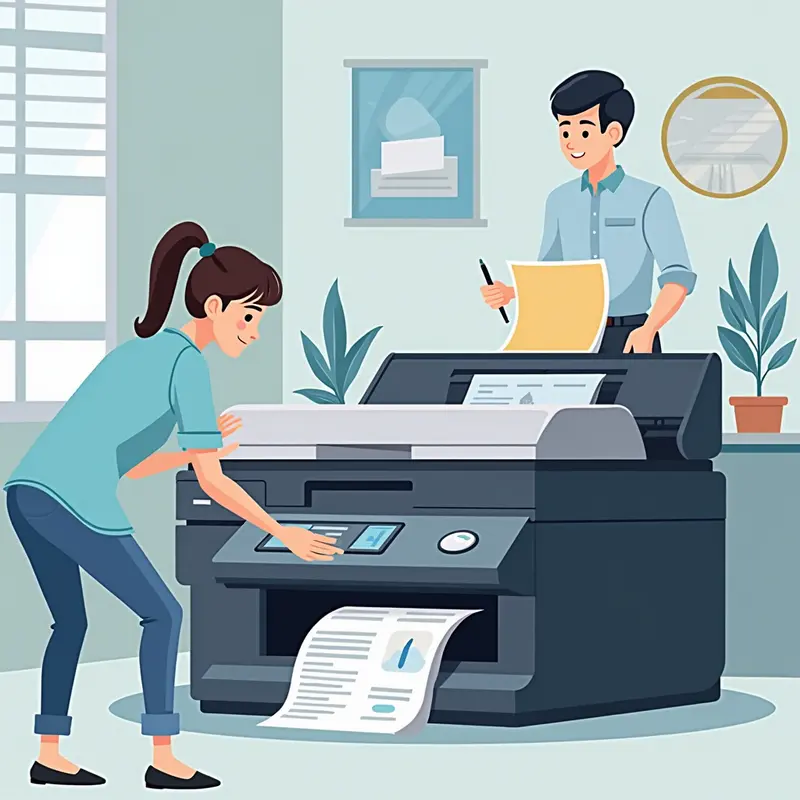 Kỹ thuật viên đang kiểm tra máy in tại văn phòng, minh chứng cho dịch vụ tận nơi.