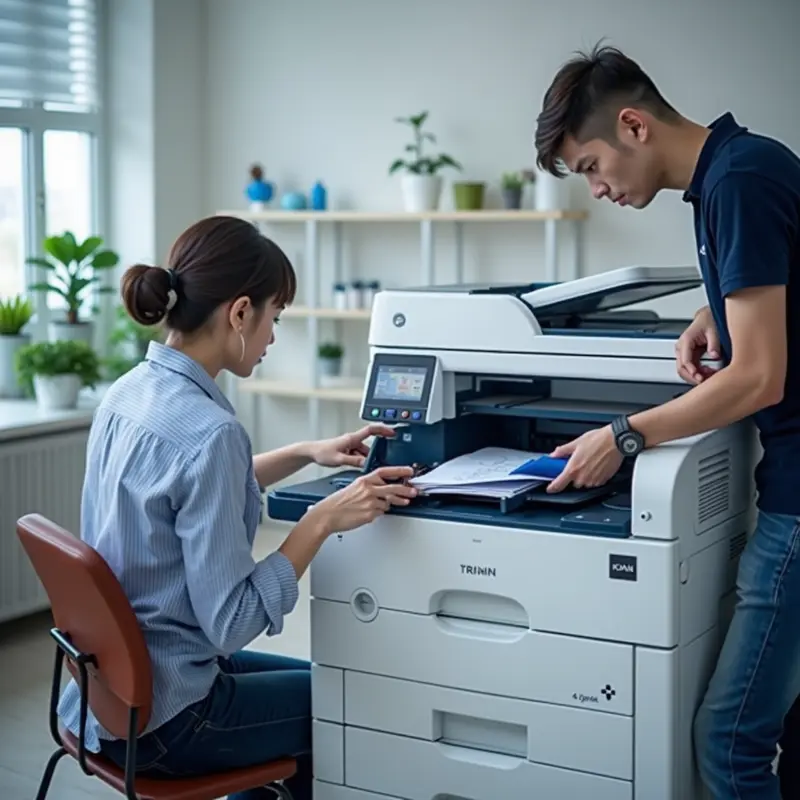 Kỹ thuật viên kiểm tra mực in tại văn phòng, đảm bảo hiệu suất in ổn định.