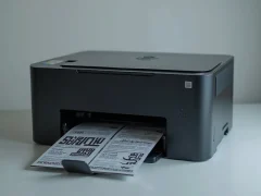 Kỹ thuật viên nạp mực toner vào hộp mực máy in laser tại bàn làm việc.