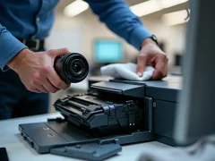 Kỹ thuật viên bơm mực hộp mực máy in laser trong bối cảnh văn phòng, với các công cụ và vật tư cần thiết.