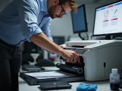 Kỹ thuật viên đang nạp mực vào cartridge máy in laser với các dụng cụ và chai mực rõ ràng trên bàn làm việc.