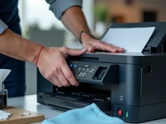 A technician refilling a monochrome printer cartridge with toner in an office setting, with tools and supplies visible.