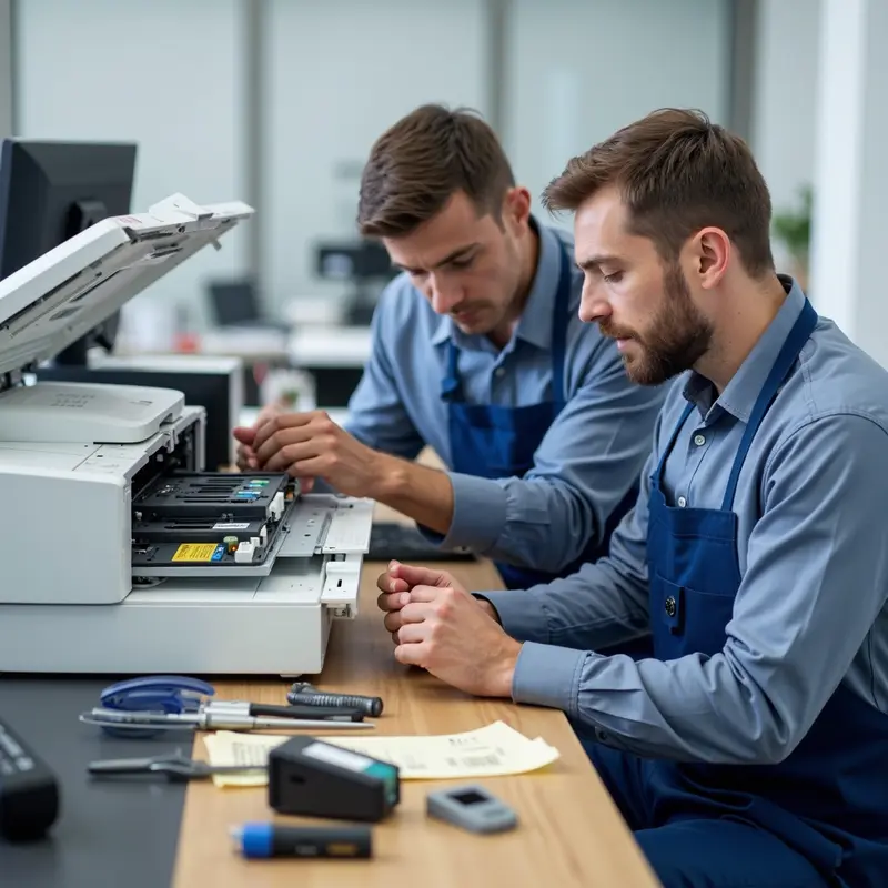 Kỹ thuật viên đang kiểm tra máy in laser với các dụng cụ dịch vụ được sắp xếp gọn gàng.