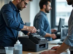 Kỹ thuật viên chuyên nghiệp đang thực hiện bơm mực vào cartridge máy in laser tại nơi làm việc ngăn nắp, bao gồm các dụng cụ và thiết bị cần thiết.