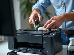 Kỹ thuật viên đang bơm mực cho cartridge máy in laser trong văn phòng, với các dụng cụ cần thiết.
