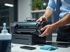 Kỹ thuật viên bơm mực vào cartridge máy in laser với các công cụ và vật dụng đầy đủ trong không gian văn phòng.