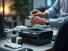 Một kỹ thuật viên đang bơm mực vào hộp mực máy in laser với các dụng cụ trong văn phòng hiện đại.