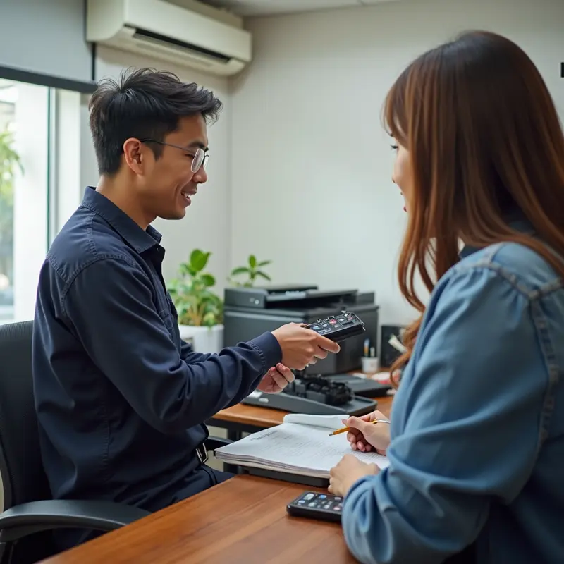 Technician showcasing completed printer maintenance in Phường Tân Bình.