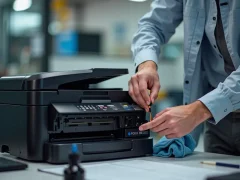 Hình ảnh một kỹ thuật viên đang cẩn thận bơm mực vào hộp mực máy in laser tại nơi làm việc, với dụng cụ như phễu, chai mực, và khăn sạch hiện diện trong cảnh.